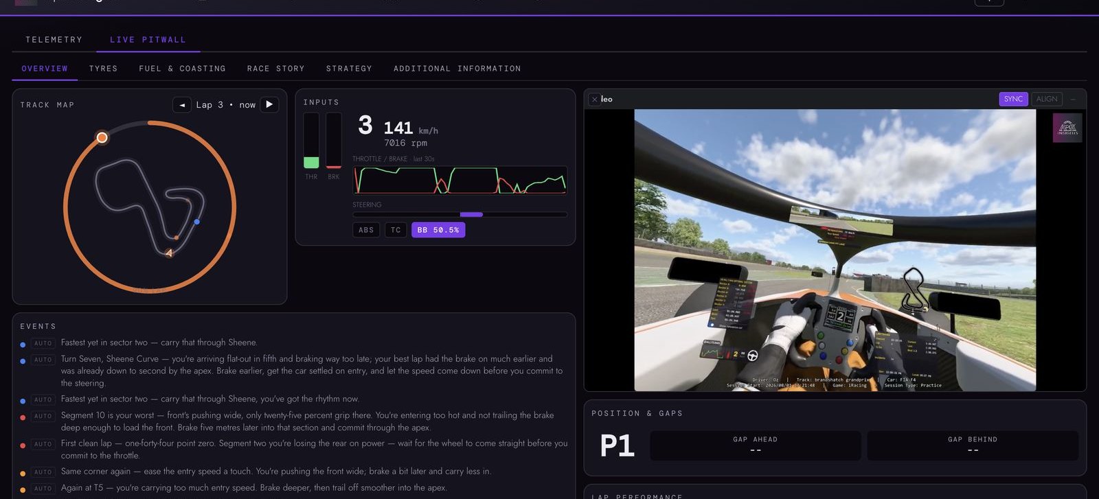 The Apex Insights live pitwall generating coaching notes against live telemetry.
